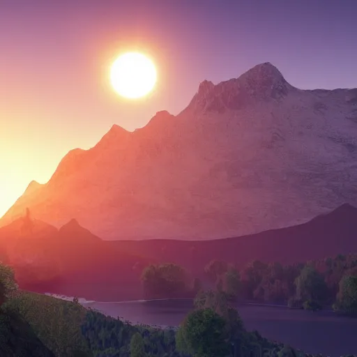 Image similar to small solar eclipse above mountains, highly detailed, photorealistic shot, bright studio setting, studio lighting, crisp quality and light reflections, unreal engine 5 quality render