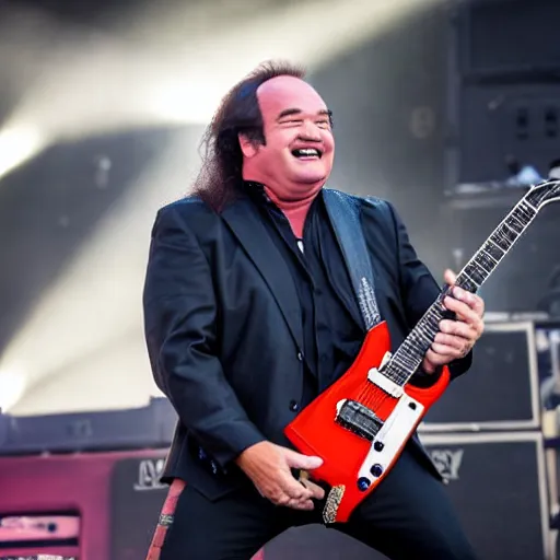 Prompt: smarmy - looking jim belushi playing a jackson kelly guitar with slayer at rock am ring, award - winning concert photography, 8 k