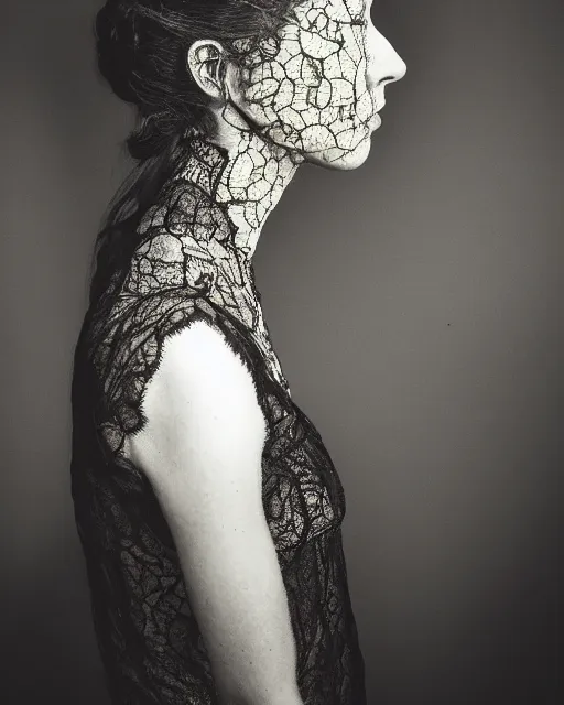 Image similar to a woman's face in profile, made of intricate lace skeleton, in the style of the dutch masters and gregory crewdson, dark and moody