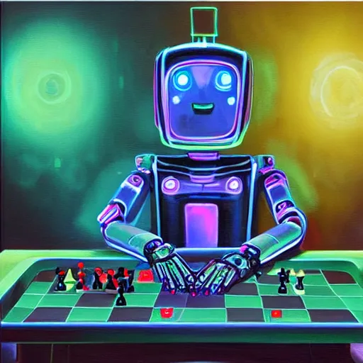 Prompt: a very smart robot playing neon chess sitting at a table, cyberpunk, oil painting