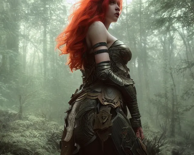 Prompt: 5 5 mm portrait photo of an armored gorgeous aesthetic redhead woman warrior, in a magical forest. fantasy atmosphere. art by greg rutkowski. highly detailed 8 k. intricate. lifelike. soft light. nikon d 8 5 0.