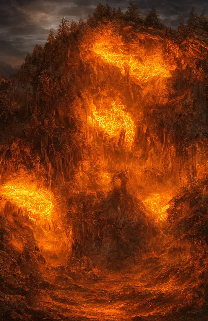 Image similar to a highly detailed glowing fire light portal within an austria landscape, detailed, hyperreal phantastic, intricate details in environment, luminance, golden ratio, high aestehtic, cinematic light dramatic light, godrays, distance, photobash, wideangle, terrence malick, hyperreal 4 k