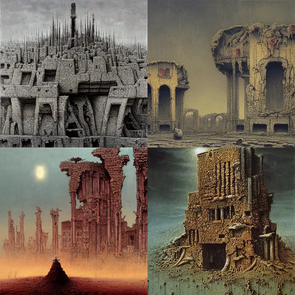 Prompt: ruined civilizations by Beksiński