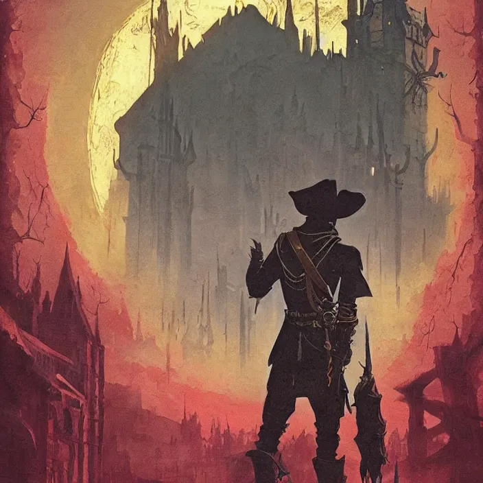 Image similar to hunter from bloodborne in yharnam, style by retrofuturism, faded red and yelow, by malcolm smith, old comics in city, nicholas roerich, katinka reinke