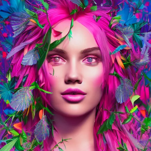 Image similar to a divine feminine woman, pink hair, rosey cheeks, sparkles on eyelids, surrounded by lush flowers and feathers in bright abstract colours, ultra realistic digital painting, artstation, concept art, pop, smooth, sharp focus, illustration, art by dean corwell 3 d 8 k ultra detailed