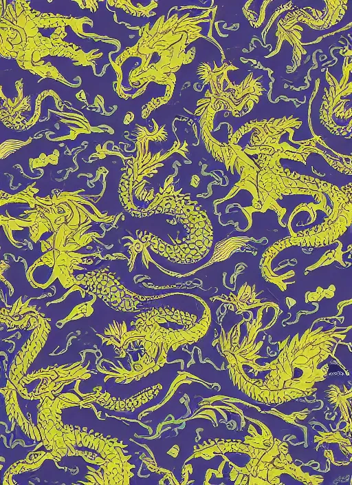 Image similar to ancient dragon and flowers fabric design pattern, 4 k