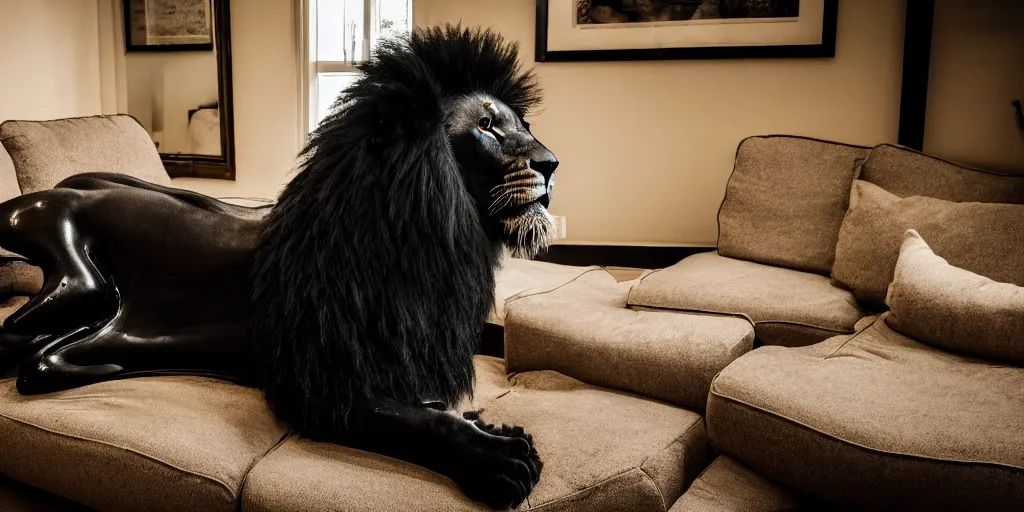 Prompt: the smooth black lion, made of smooth black goo, laying on the couch in the living room after bathing in the ferrofluid, viscous, sticky, full of tar, covered with black goo. photography, dslr, reflections, black goo