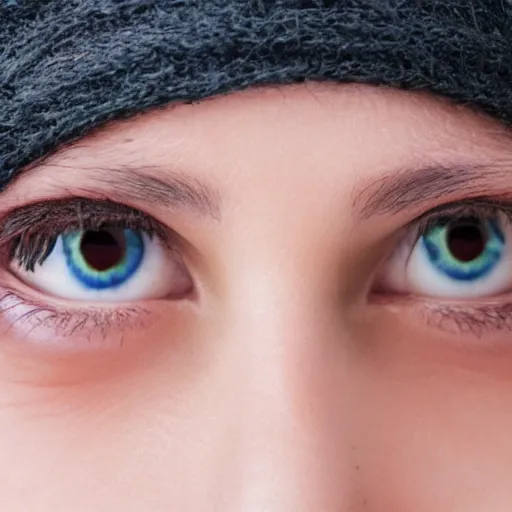 Image similar to close up photograph of a beautiful woman with beany eyes.