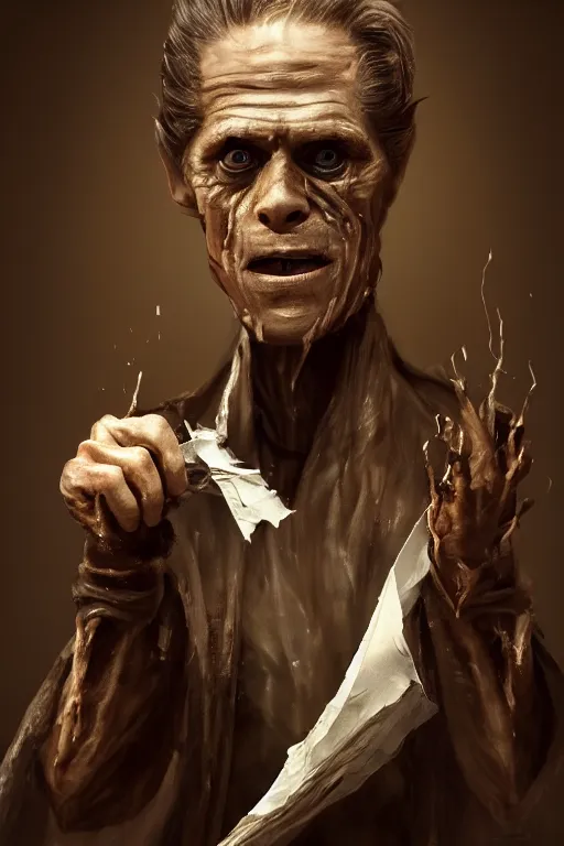 Image similar to A deranged tiny filthy man looking like Willem Dafoe wearing long dark damaged ripped robes showing a magic paper scroll, camera looking down upon, long fingernails, unclipped fingernails, sharp fingernails, focus on face, sharp focus, digital painting, trending on artstation, concept art, fantasy, medieval