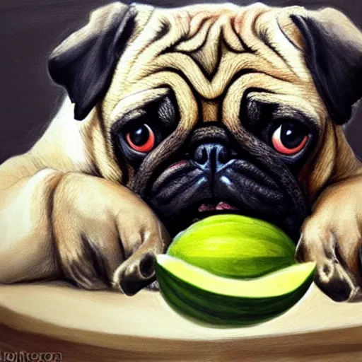 Image similar to pug eating watermelon in heaven painted in the style of michaelangelo, concept art