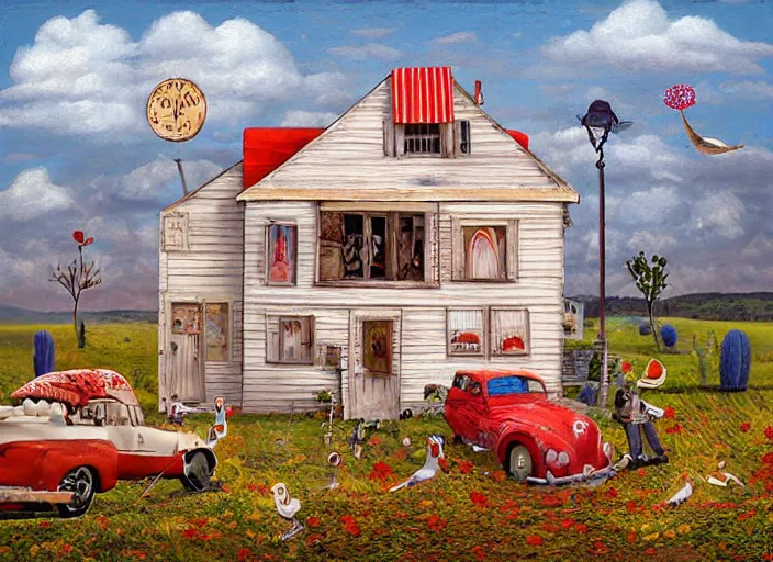 Image similar to whimsical simple folk art, lowbrow, matte painting, 3 - d highly detailed, in the style of ammi phillips,