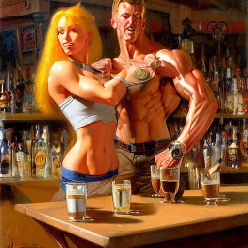 Image similar to attractive muscular aliens with brunet hair and attractive muscular alien with blond hair. pants and shorts, drinking their hearts out, in a pub. very defined and detailed painting by j. c. leyendecker, gaston bussiere, craig mullins 8 k