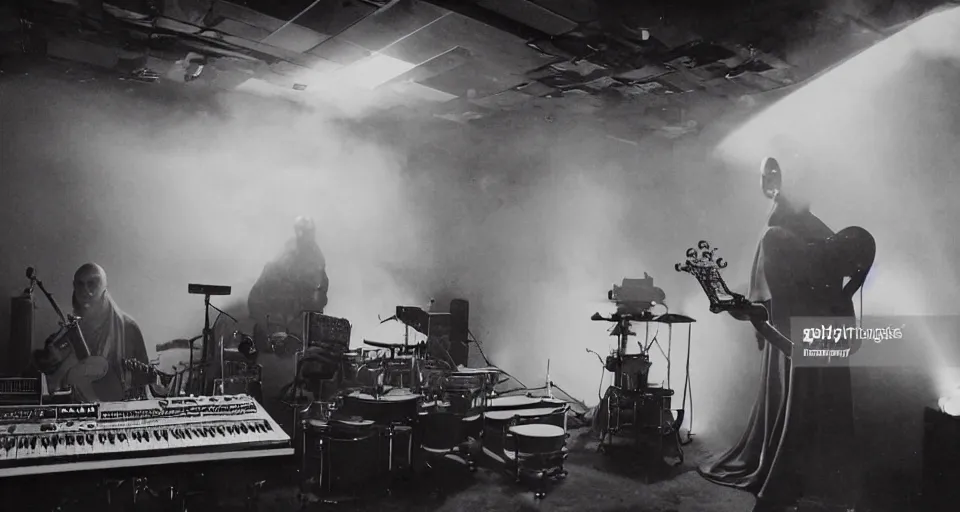 Prompt: 70s scifi film production still of robot musician tribal monks playing music instruments in a futuristic space-station music studio interior with smoke fog steam, half shot, guitarists