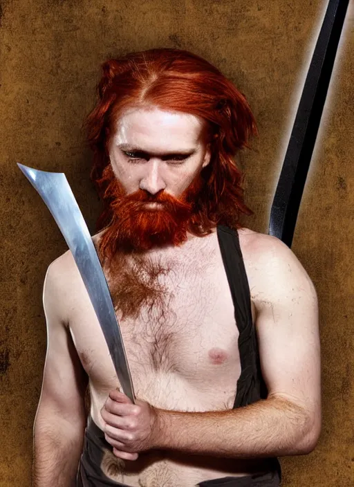 Image similar to grungy redhead 30-something scruffy bearded shoulder-length hair swordsman holding a short curved sword in a ultradetailed pacific northwest redcedar forest, smooth. sharp focus, grunge dingy high quality digital art detailed,