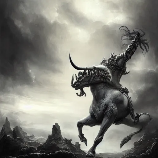 Image similar to By Tom Bagshaw and Boris Vallejo, ultra realist soft painting of a warzone by night, Gothic armored Minotaur, horror, omnious sky, symmetry accurate features, very intricate details, black and white, volumetric light clouds