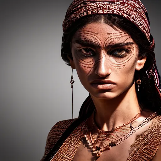 Image similar to portrait of a stunningly beautiful middle eastern tribal female, depth of field, zeiss lens, detailed, symmetrical, centered, fashion photoshoot, by Annie Leibovitz and Steve McCurry, David Lazar, Jimmy Nelsson, Breathtaking, 8k resolution, extremely detailed, beautiful, establishing shot, artistic, hyperrealistic, beautiful face, octane render