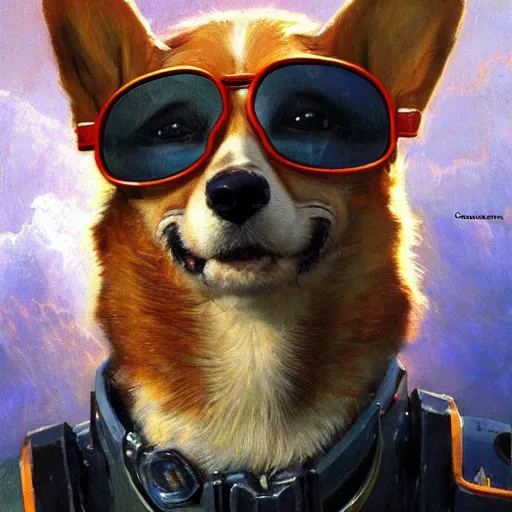Prompt: a realistic portrait of the soviet space dog, artwork by gaston bussiere, craig mullins, trending on artstation, breed cyberpunk corgi with glasses