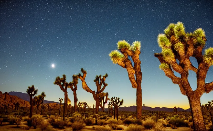 Prompt: night sky with joshua trees lit by moonlight