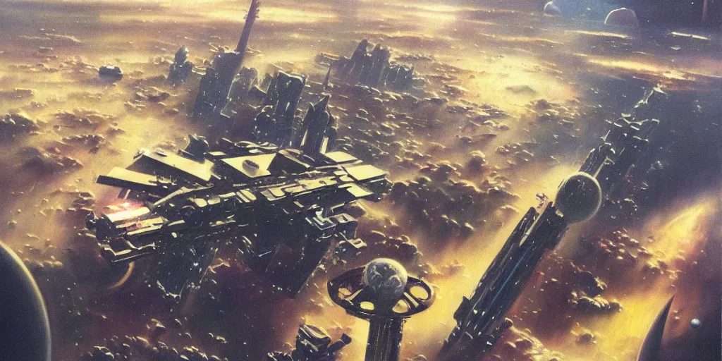 Image similar to a painting of low earth orbit space city by john harris.