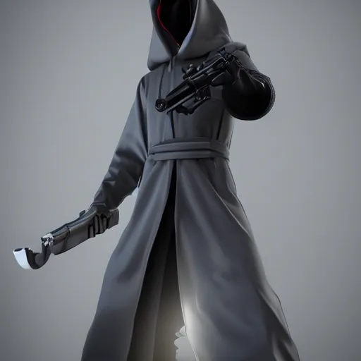 Image similar to masked villain with a dark cloak and a light grey jumpsuit holding a big iron revolver and turning his head at a 3 0 degree angle ( highly detailed, photo - realistic, hyperrealistic, flashing lights, greatly illustrated, uhd, 4 k render image )