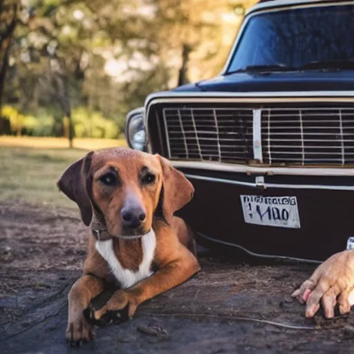 Image similar to A folkpunk brown hound dog playing the guitar in front of a pickup truck