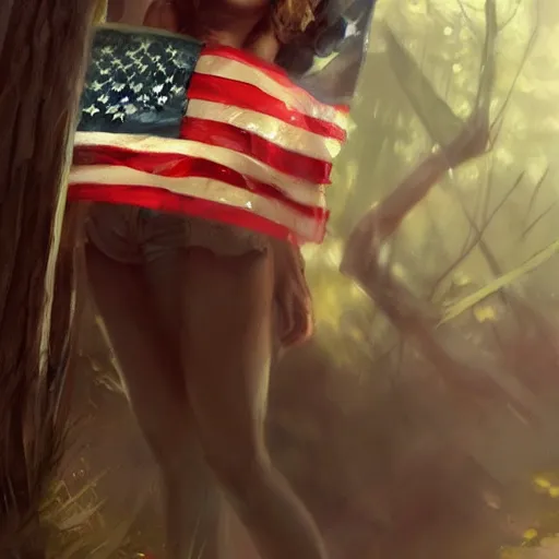 Image similar to tiny american flag in the forest, digital art by ruan jia and mandy jurgens and artgerm, realistic face, highly detailed, trending on artstation, award winning