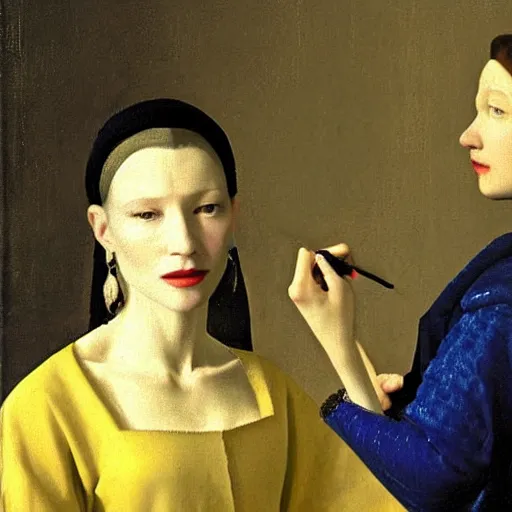 Image similar to cate blanchett in low-cut blouse in front of a mirror, painting by Vermeer