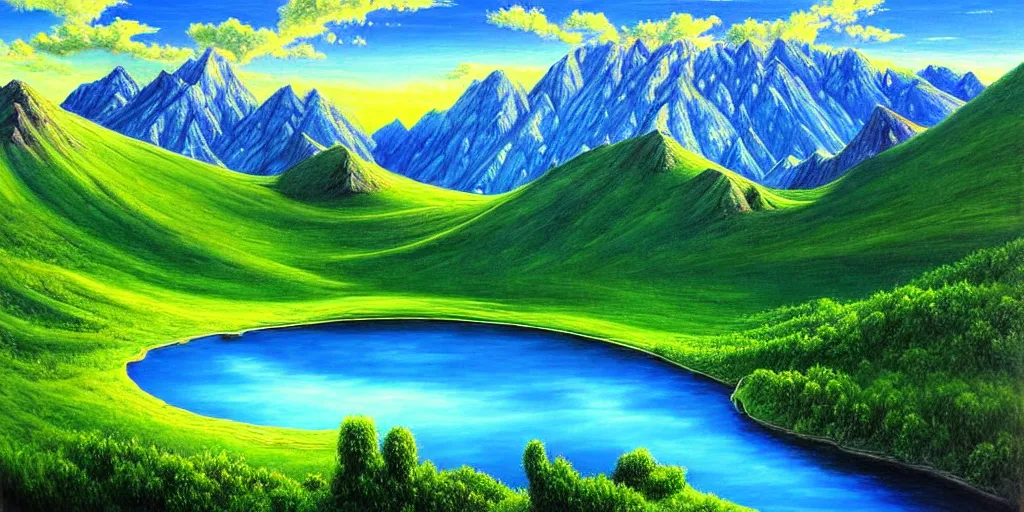 Prompt: a beautiful landscape, sun rises between two mountains, a lake in between the mountains, green, lush vegetation, blue sky, cloudy, painting by john stephans, extremely detailed, hyper realism
