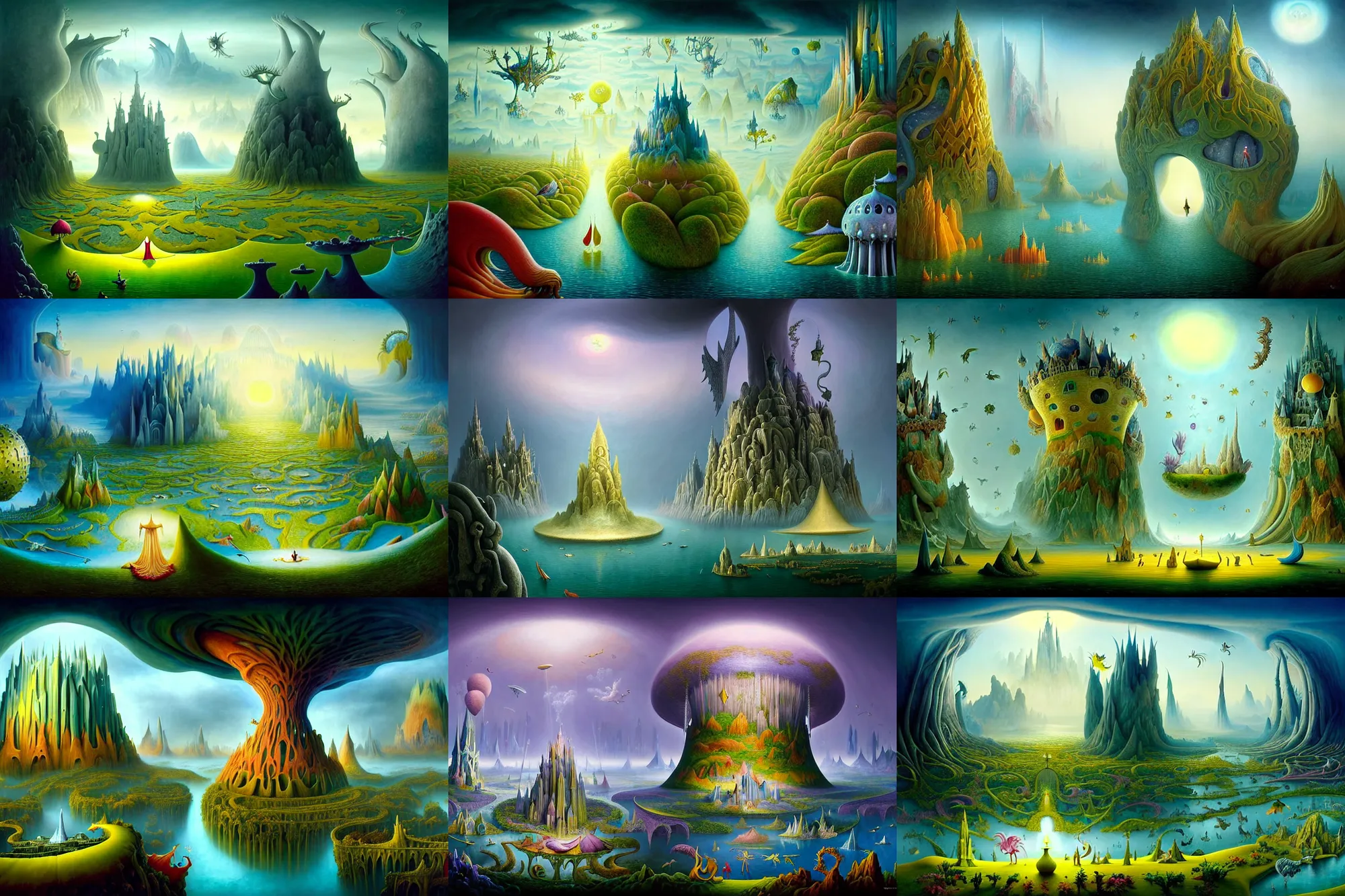 Prompt: a beguiling epic stunning beautiful and insanely detailed matte painting of windows into dream worlds with surreal architecture designed by Heironymous Bosch, dream world populated with mythical whimsical creatures, mega structures inspired by Heironymous Bosch's Garden of Earthly Delights, vast surreal landscape and horizon by Cyril Rolando and Paul Lehr and Andrew Ferez, masterpiece!!!, grand!, imaginative!!!, whimsical!!, epic scale, intricate details, sense of awe, elite, wonder, insanely complex, masterful composition!!!, sharp focus, fantasy realism, dramatic lighting