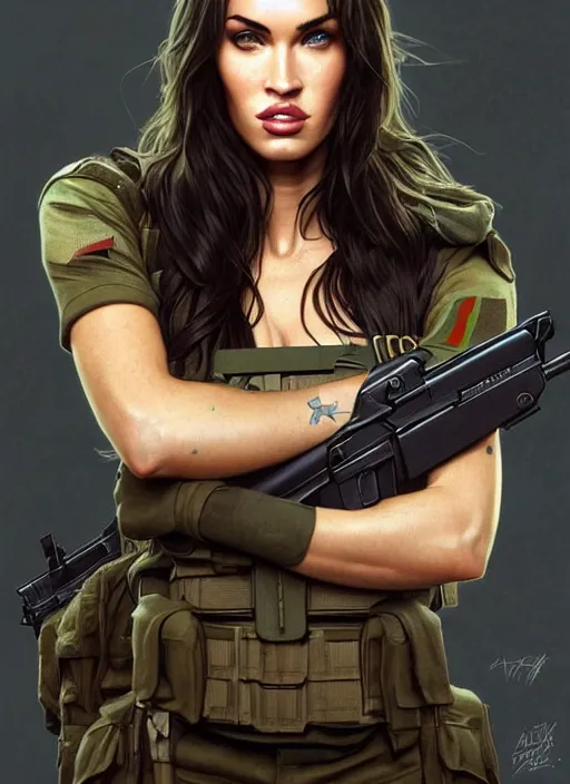 Image similar to portrait of megan fox as soldier, uniform, g 3 6, gun, camouflage, intricate, headshot, highly detailed, digital painting, artstation, concept art, sharp focus, cinematic lighting, illustration, art by artgerm and greg rutkowski, alphonse mucha, cgsociety