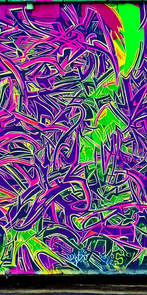 Image similar to Psychedelic graffiti on the garage wall Magic Jungle. Colours - black, purple shades, dark green. Cinematic lightning, deep shadows. David Lozano. Resolution 4K.