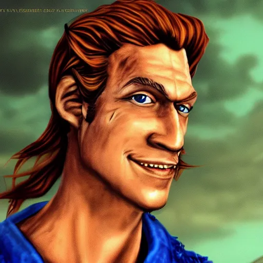 Image similar to a photorealistic portrait of guybrush threepwood mighty pirate