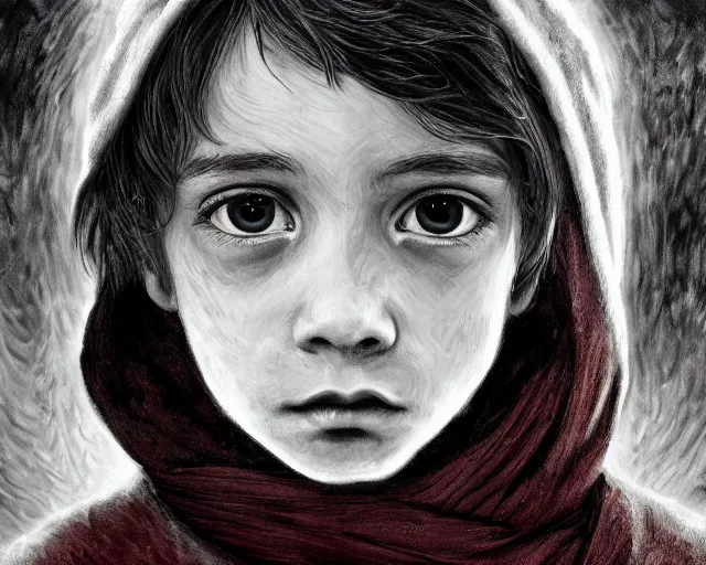 Image similar to a black and white highly detailed digital painting of a young boy with a red scarf, medium long brown hair, green eyes, is looking at a bird, ethereal, horror, fantasy art by greg rutkowski and magali villeneuve and claude monet black and white but the eyes are green and the scarf is red