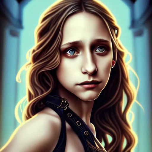 Image similar to in the style of pedro campos, artgerm, beautiful taissa farmiga, steampunk, elegant pose, middle shot waist up, symmetrical face symmetrical eyes, cinematic lighting, detailed realistic eyes, short neck, insanely detailed and intricate elegant