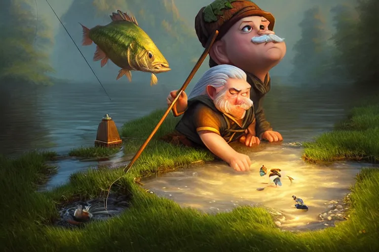 Image similar to legendary elegant gnome fishing in lake, highly detailed, d & d, fantasy, highly detailed, digital painting, trending on artstation, concept art, sharp focus, illustration, global illumination, ray tracing, realistic shaded, art by artgerm and greg rutkowski and fuji choko and viktoria gavrilenko and hoang lap