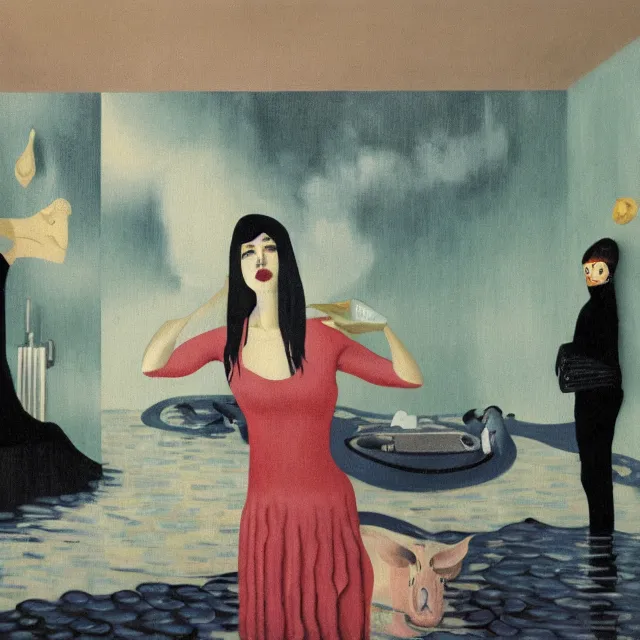 Image similar to tall female emo artist in her flooded bathroom, water gushing from ceiling, painting of flood waters inside an artist's bathroom, a river flooding indoors, pomegranates, pigs, ikebana, water, octopus, river, rapids, waterfall, black swans, canoe, berries, acrylic on canvas, surrealist, by magritte and monet