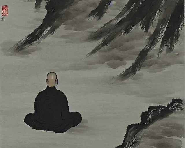 Prompt: zen monk meditating by a river, chinese landscape, traditional chinese ink painting,