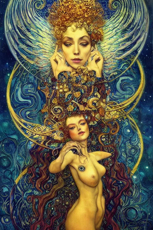 Prompt: Visions of Paradise by Karol Bak, Jean Deville, Gustav Klimt, and Vincent Van Gogh, visionary, otherworldly, celestial, fractal structures, infinite angel wings, ornate gilded medieval icon, third eye, spirals, heavenly spiraling clouds with godrays, airy colors