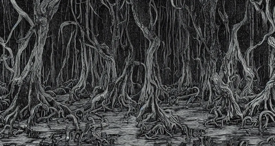 Image similar to A dense and dark enchanted forest with a swamp, by H.P. Lovecraft