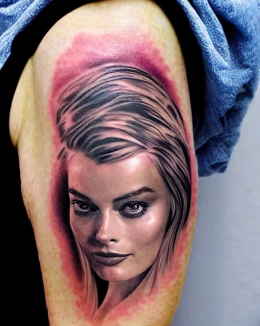 Image similar to creative double exposure effect tattoo design sketch of margot robbie face blended in beautiful mountain scenery, realism tattoo, in the style of matteo pasqualin, amazing detail, sharp