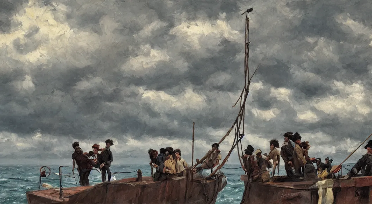 Prompt: havanese dogs and men looking worried, standing on top of a barquetine sailing boat, stormy skies, 1 9 0 0, looking out to the see, leaving the port at havana, 1 9 0 0, tartakovsky, atey ghailan, goro fujita, studio ghibli, rim light, dark lighting, clear focus, very coherent