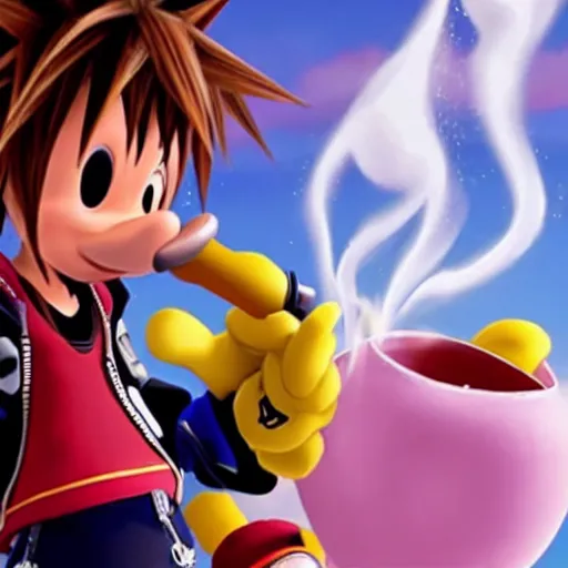 Image similar to sora from kingdom hearts exhaling a large smoke cloud from his mickey mouse bong, award winning candid photography