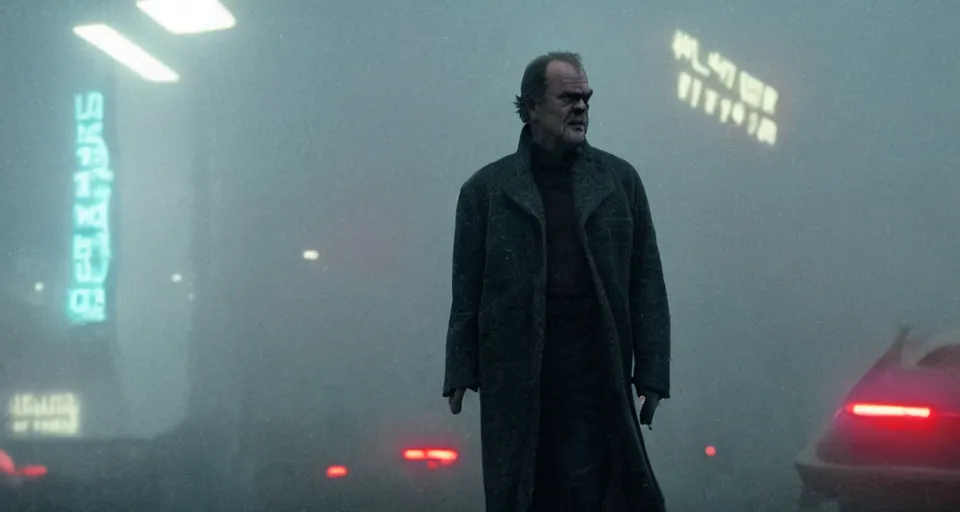 Image similar to Jack Nicholson in Blade Runner 2049, cinematic film still