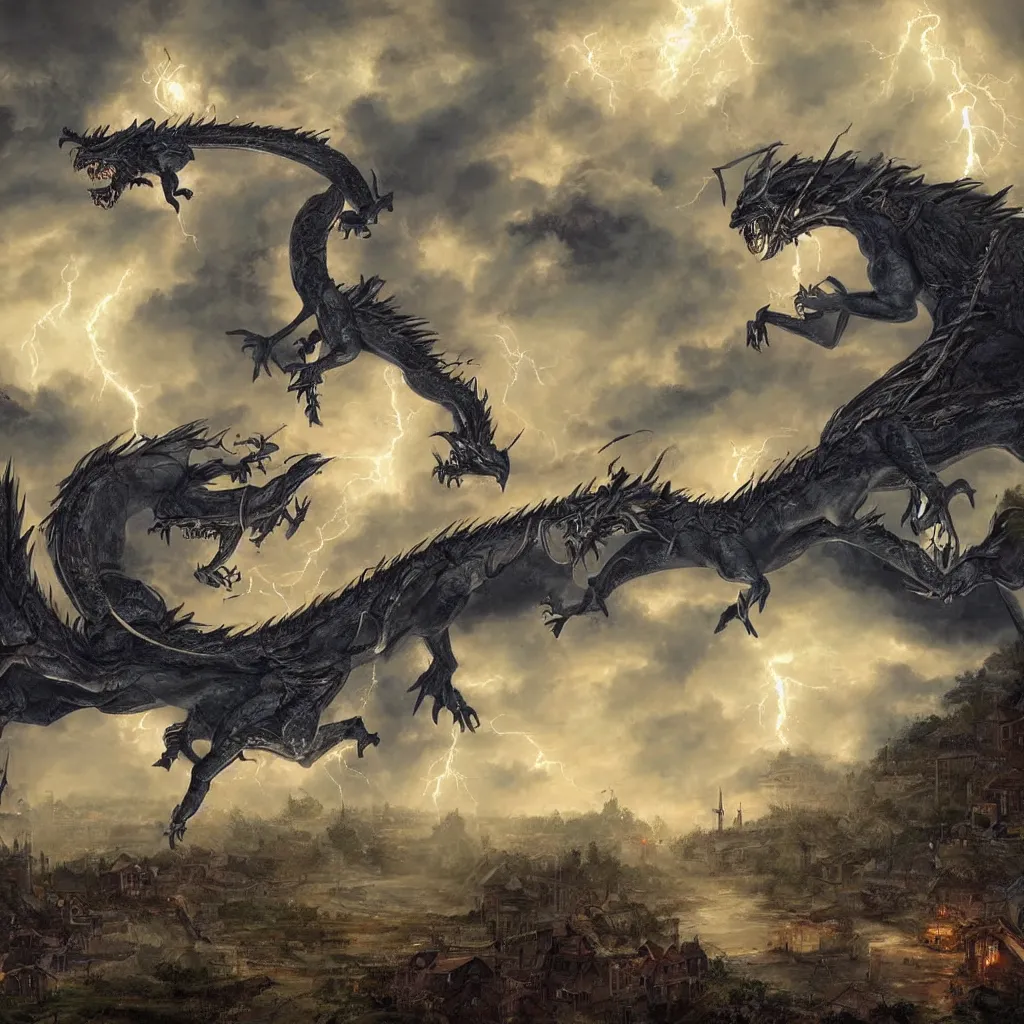 Prompt: a lightning dragon attacks a village, hyperrealistic, in the style of Greg Rutkowksi,