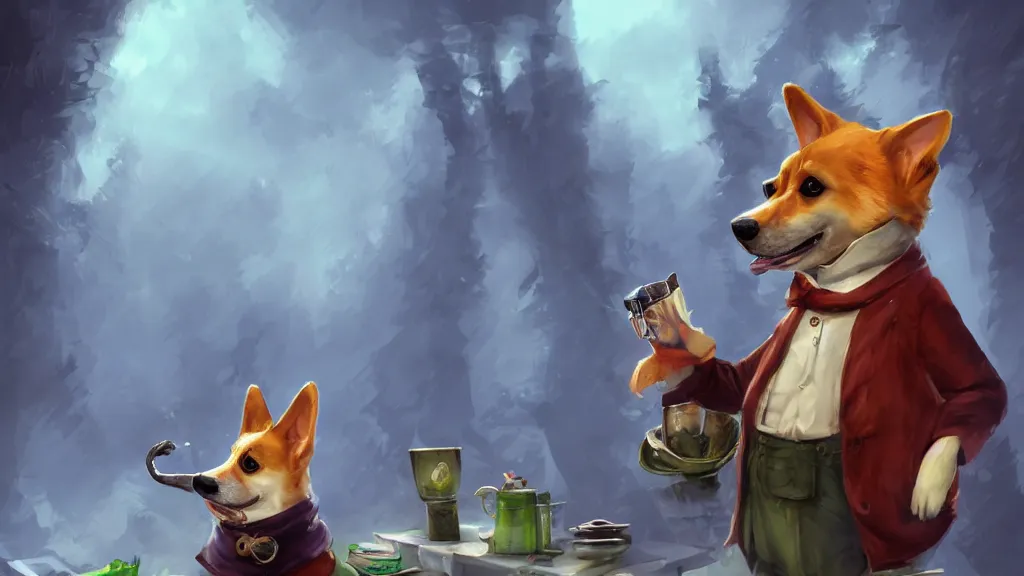 Prompt: An anthropomorphic corgi with a smoking pipe and a green scarf around his neck dressed as a wandering salesman in a fantasy setting, dreamscape, dramatic lighting, fantasy art illustration, trending on artstation, Aetherpunk