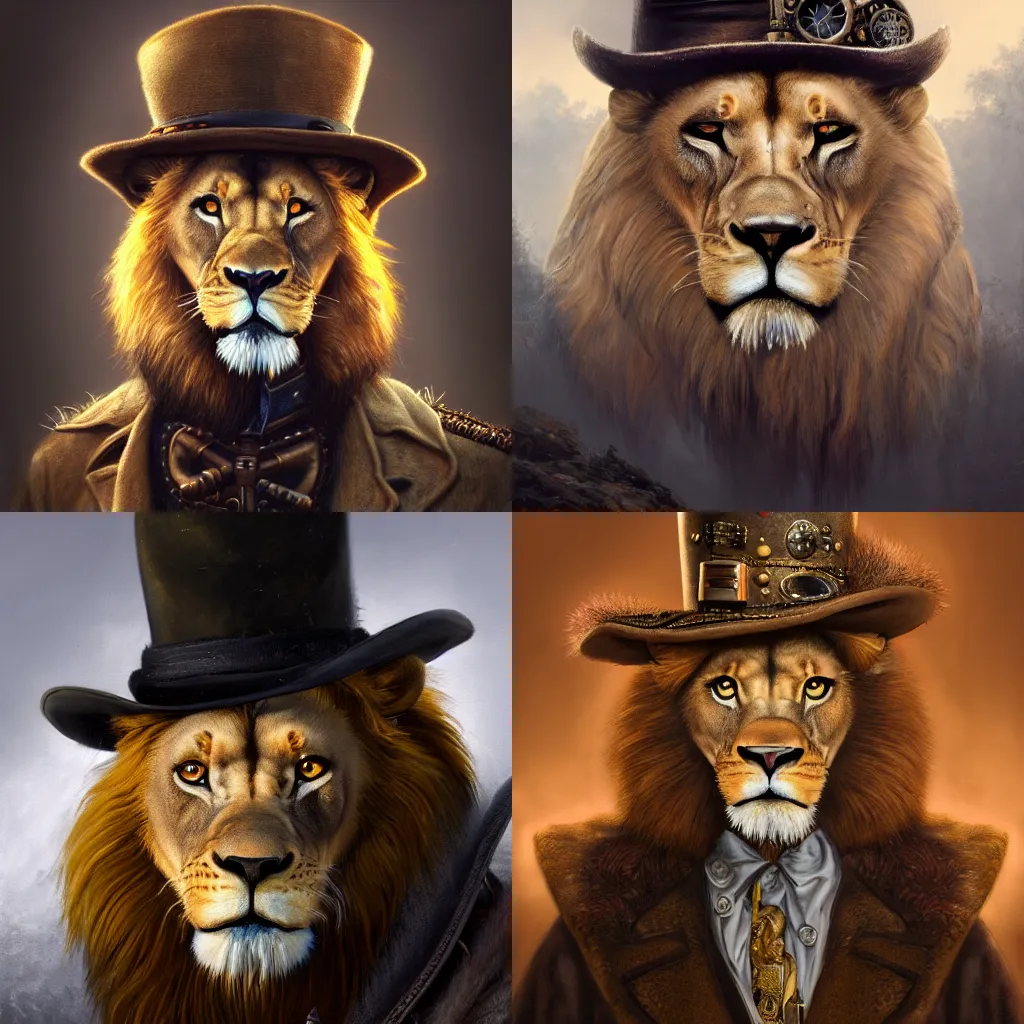 Prompt: oil painting portrait of handsome lion face, wearing very detailed intricate steampunk hat and detective coat and wearing steampunk monocle on left eyes, upper body, wide angle, fantasy style, octane render, volumetric lighting, 8k high definition, by greg rutkowski, highly detailed, trending on art station,