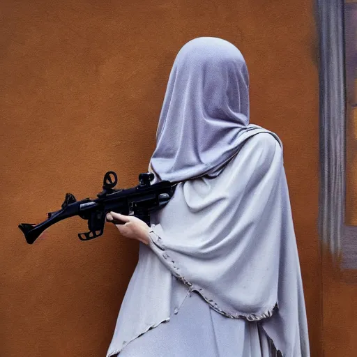 Image similar to anna forsterling and saul bromberger, yulia nevskaya, pulitzer, photorealistic, detailed details / woman wear burqa ride camel and handling gun