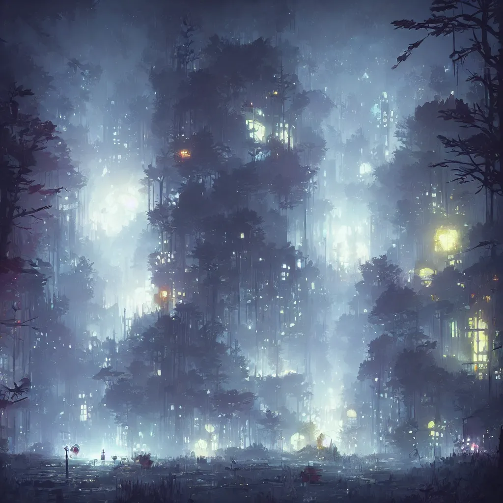Prompt: city at night by a forest (Ori and the Blind Forest), digital painting, vivid colors, sharp render by Greg Rutkowski