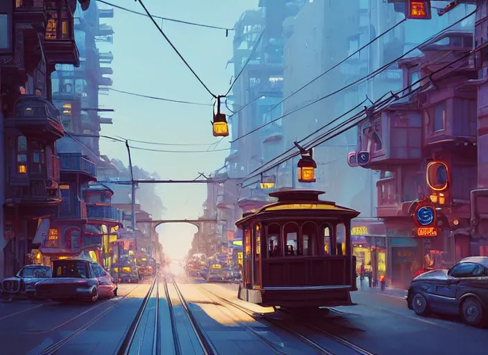 Prompt: a cable car is flying on the street of san francisco, unreal engine, fantasy art by greg, loish, rhads, ferdinand knab, tom bagshaw, makoto shinkai and lois van baarle, rossdraws, ilya kuvshinov, night lighting, trending on studio ghibli, highly detailed, 8 k, octane render