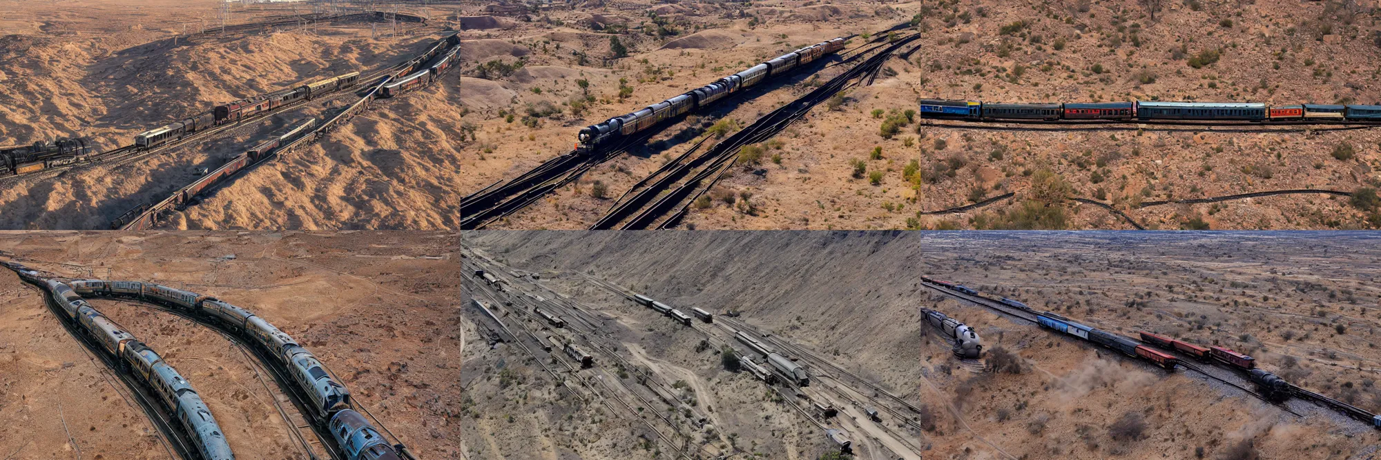 Prompt: aerial shot, wide shot, panorama, a ruined desert landscape, numerous railways everywhere, criss-crossed, rails, steam trains